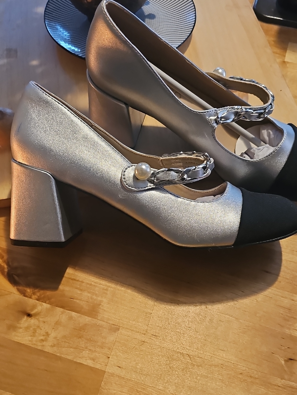 Silver and Black Mary Jane Block Heel Pumps with Pearl Accent